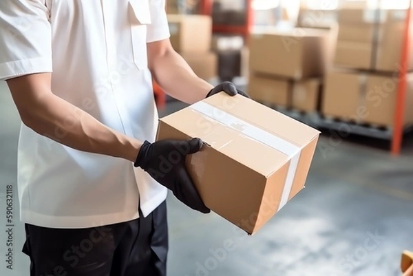Fototapeta Male warehouse worker holding the package box in a warehouse storage. Generative AI