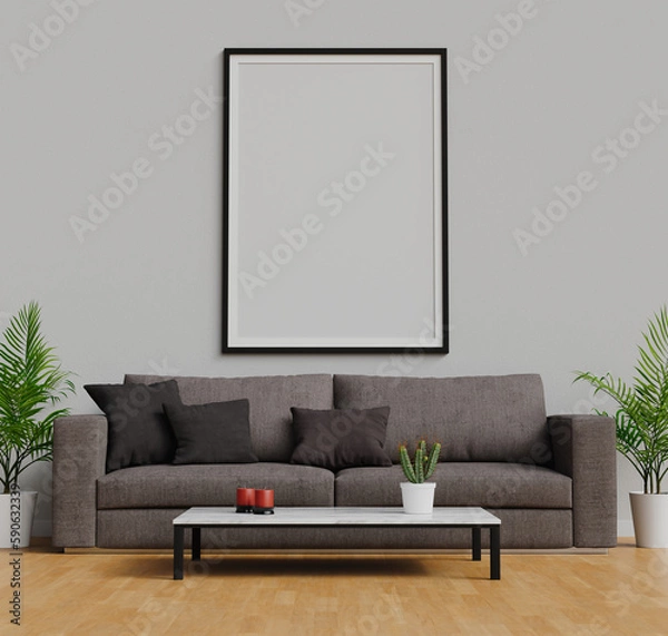 Fototapeta Poster mockup framed on the wall above a sofa in a living room