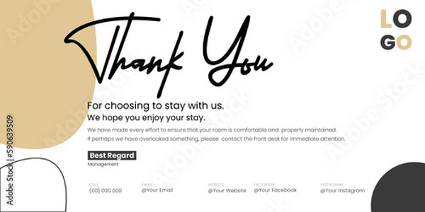 Fototapeta Free vector Hotel welcoming Notecard Thank you card, Welcome card, guest house greeting, hotel welcoming