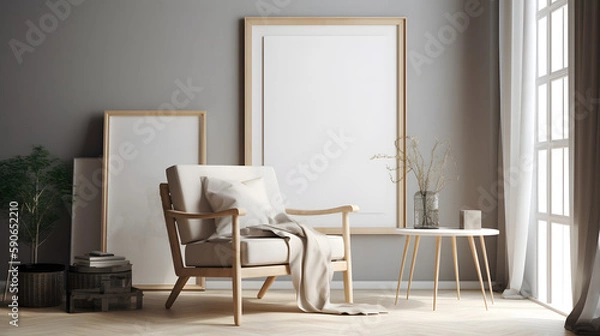 Fototapeta mockup frame in a living room interior with a chair and decor in German style with a nice light.