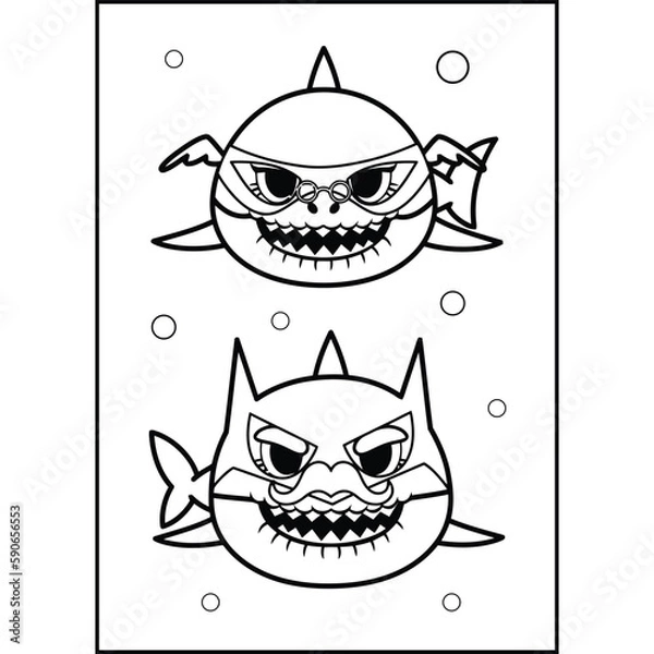 Fototapeta Baby Shark Coloring Page For Kids, A Cute Shark Vector Illustration With Mommy, Daddy, Grandpa and More.
