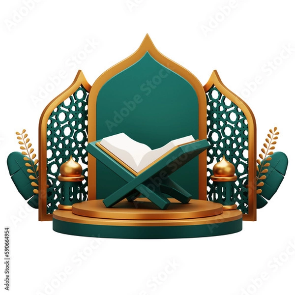 Fototapeta 3d render of holy quran on podium display. Suitable for ramadan mubarak or islamic illustration.