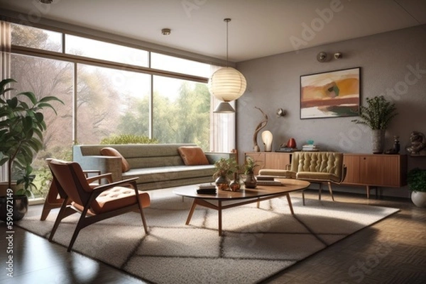 Fototapeta Professionally Styled Mid Century Modern Living Room Apartment Interior with Styled Console Table and Coffee Table Made with Generative AI