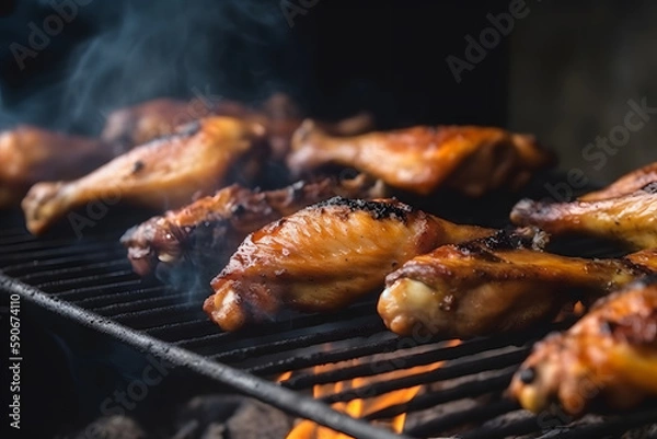 Fototapeta Juicy chicken legs and wings on the grill with fire flames. Generative AI