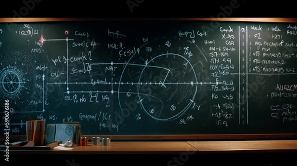 Obraz blackboard background and Maths formulas written by white chalk ,Generative AI 