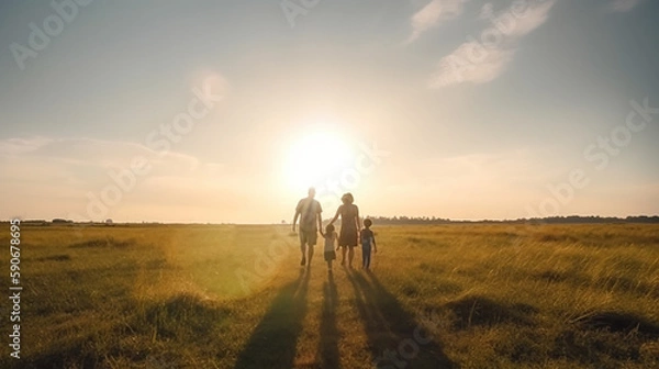 Fototapeta family looking for the cross on autumn sunrise background ,concept  : worship  and hope ,Generative AI 
