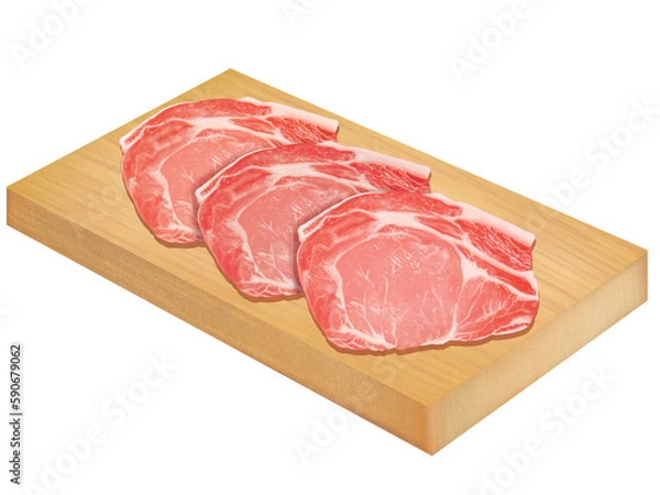 Fototapeta 名称未設定のアートワーク木のプレートに載せた豚肩ロースの美味しそうなリアルテイストの手描きイラスト