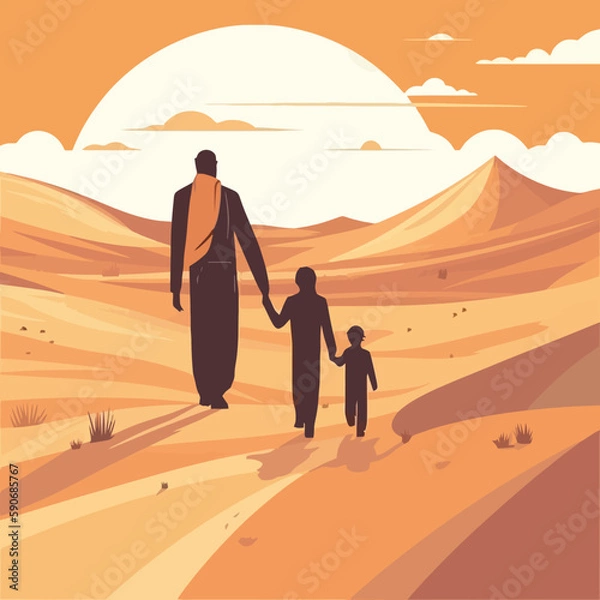 Fototapeta a man with his sons can be seen walking on the hot and barren desert sand. Their figures are small against the vast expanse of golden sand dunes that stretch out before them.