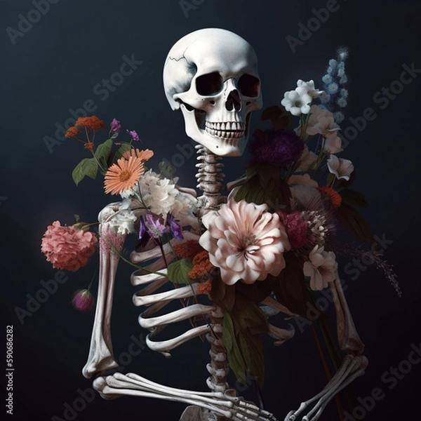 Fototapeta Bones of Love. Skeleton Holding a Bouqet of Flowers. Generative ai.
