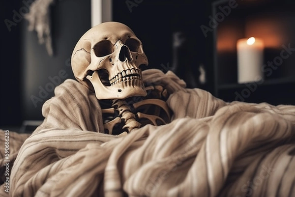 Fototapeta The Final Comfort: A Skeleton Snuggled Up in a Blanket. Generative ai.