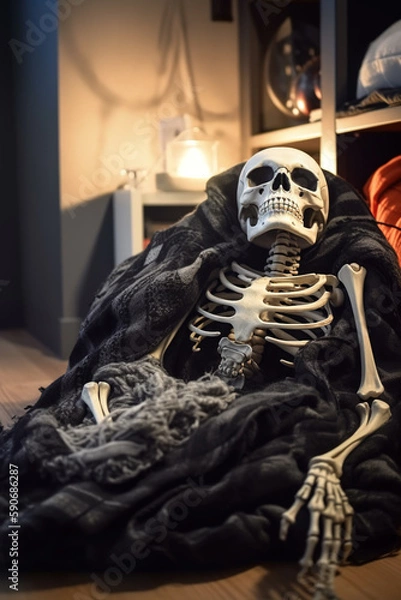 Fototapeta Rest in Bones: A Skeleton Cuddled in a Warm Blanket. Generative ai.