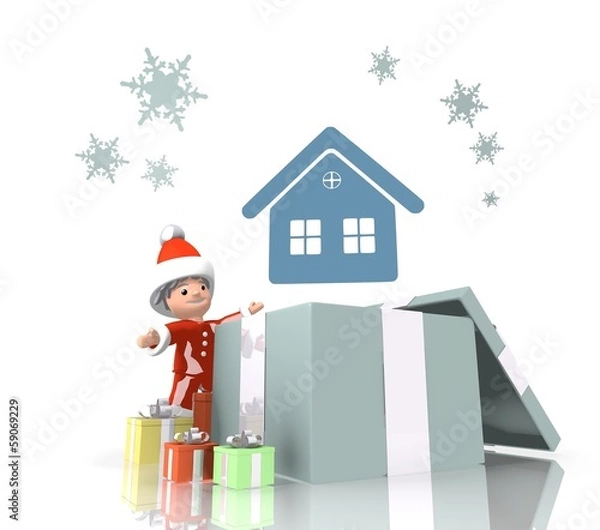 Fototapeta santa claus with gift and house label