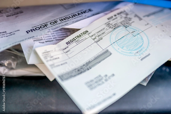 Fototapeta Proof of insurance and vehicle registration documents in the glove compartment of a car. 