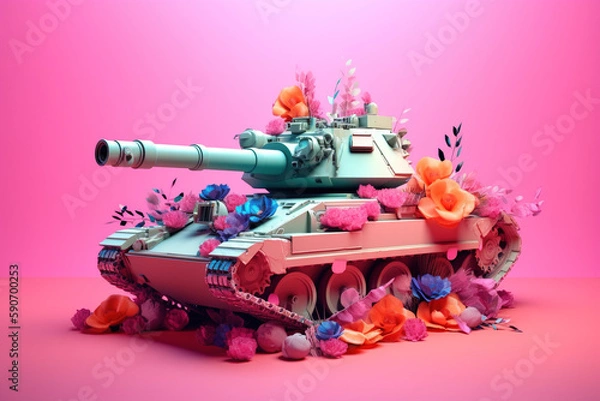 Fototapeta Contrasting Elements: A Spring Floral Composition with a War Tank. Generative ai.