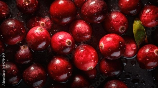 Fototapeta Cranberries, adorned with glistening droplets of water. Generative AI