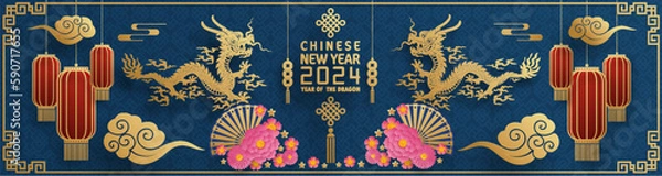 Fototapeta Happy chinese new year 2024 year of the chinese dragon zodiac with on color Background. ( Translation : happy new year, chinese dragon )