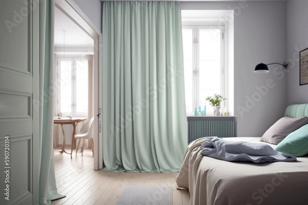 Fototapeta Minimalistic modern bedroom with mint green curtainson windows. Generative AI