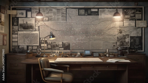 Obraz Investigation board that have papers and photos and connected each other with small ropes Generative AI