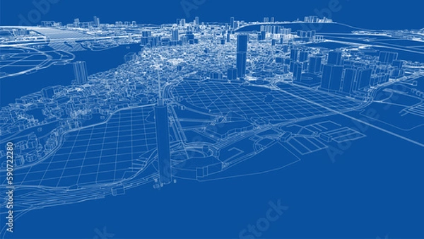 Fototapeta Outline city concept vector. Wire-frame style