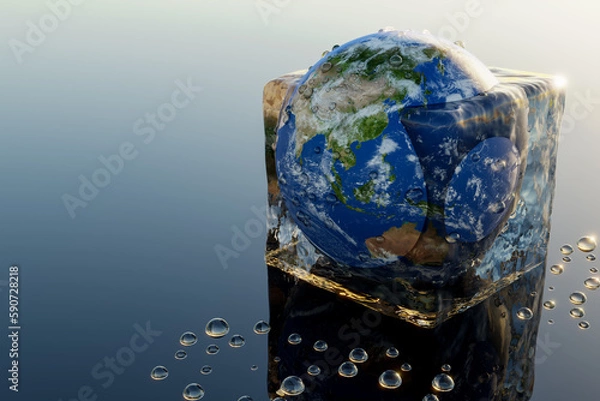 Fototapeta the earth in an ice cube that melts - 3D Illustration