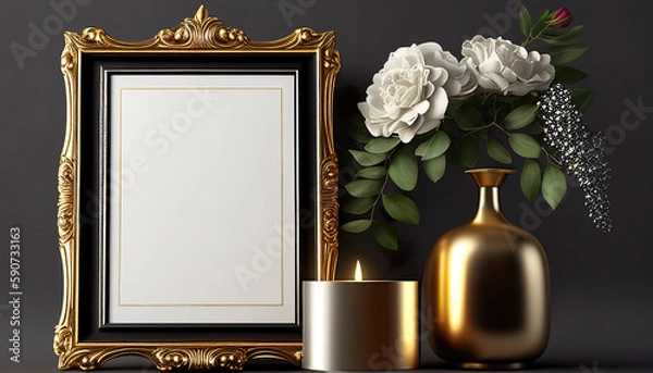 Obraz Golden vintage and luxury frame with candle in warm light for good memories, love and celebration. AI Generated.