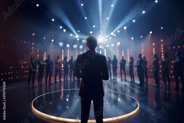 Fototapeta View from the Backstage: TV Show Host or Contestant on Stage