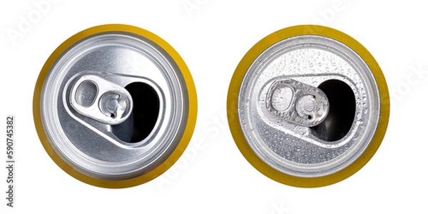 Obraz Aluminum can with drops and without, isolated on a white background. Top view. Beverages. Package.