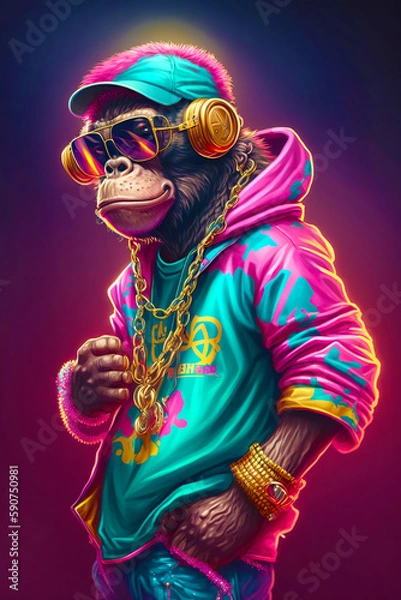 Obraz Monkey rapper, cartoon colorful monkey with sunglasses nft style, Created with generative A