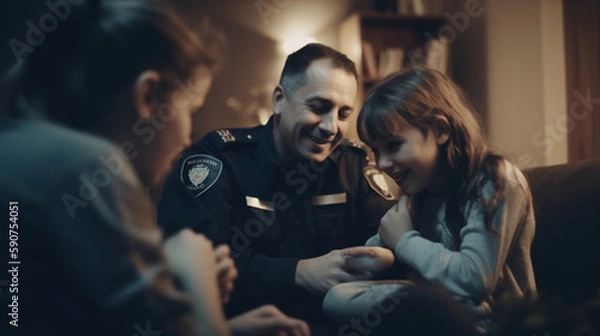 Fototapeta A content off-duty officer embraces warmth, love, and companionship at home with family on a cozy evening, Created with generative Ai Technology.