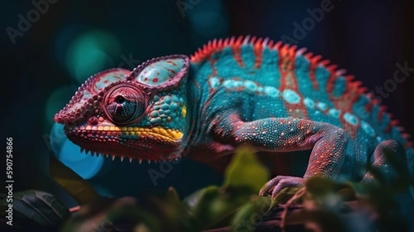 Fototapeta Colorful chameleon isolated on leaves background. Lizard on the green leaves. Generative AI