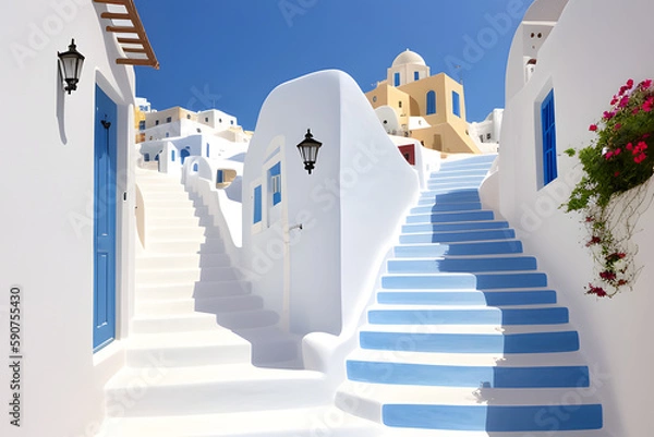 Fototapeta The whitewashed staircase at Oia, Santorini, Greece