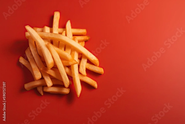 Fototapeta French fries on a red background. Top view. Generative AI