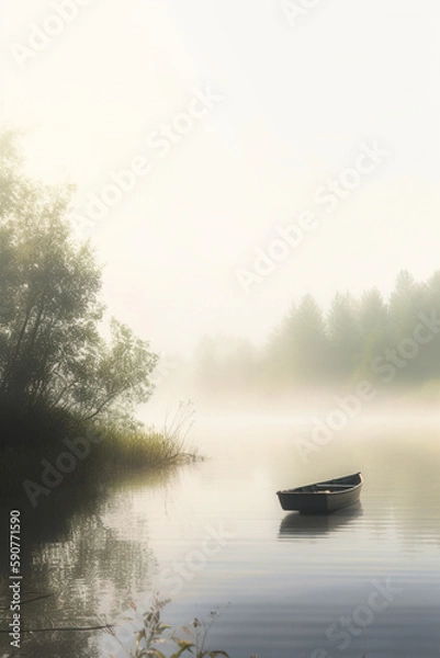 Obraz Serene Solitude: A Lone Rowboat on a Misty Morning Lake