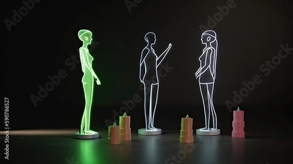 Fototapeta Visual representation of the gender pay gap, with male and female figurines and a chalkboard line graph. Generative AI