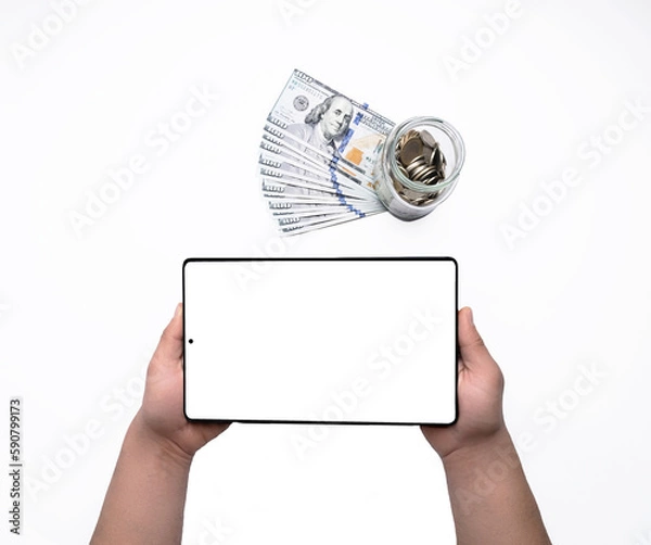 Obraz Modern devices, man working with accounting, investment advice