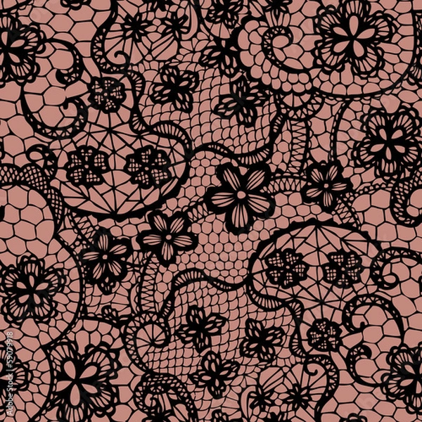 Obraz Lace black seamless pattern with flowers. Vector illustration.