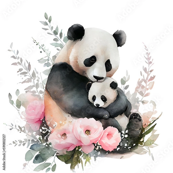 Obraz Cute mother panda with baby with pink flowers watercolor Illustration isolated on white. Generative AI