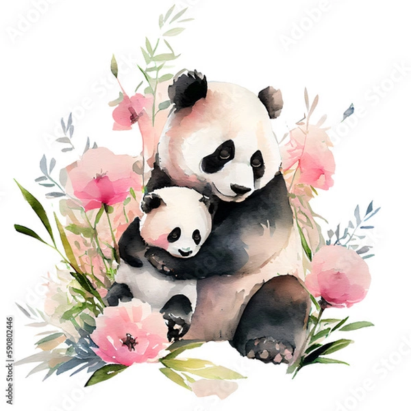 Obraz Cute mother panda with baby with pink flowers watercolor Illustration isolated on white. Generative AI