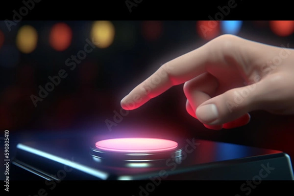 Fototapeta Pushing the Button: Close-up of Finger on Game Show Buzzer