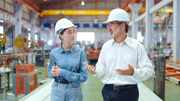 Obraz Two professional engineer man and woman manager leader wearing helmet and walking in factory talking and discussing for work