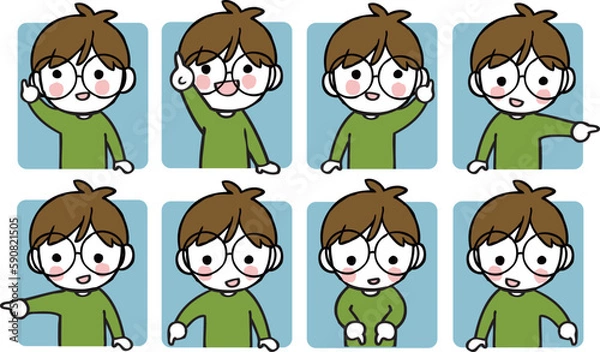 Obraz 色々な方向を指さす眼鏡の男の子のイラストセット