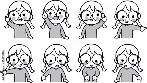 Obraz 色々な方向を指さす眼鏡の女の子のイラストセット　モノクロ
