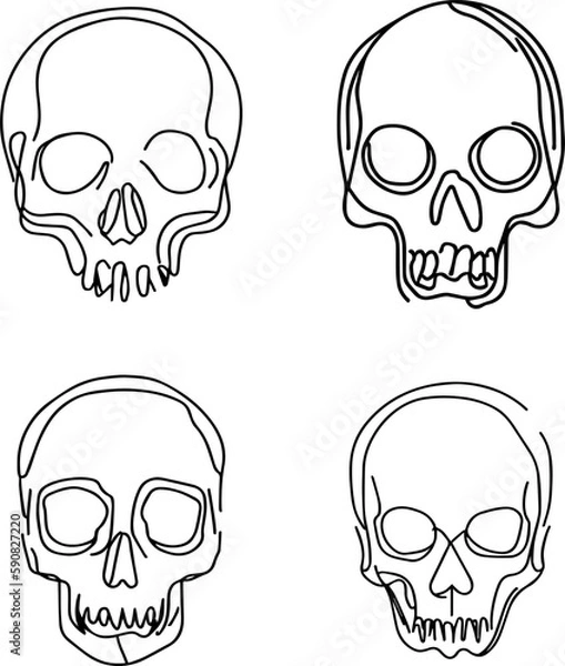 Obraz skull one line drawing. Abstract human skull isolated image hand drawn outline white background. Continuous line art minimalism style vector illustration.