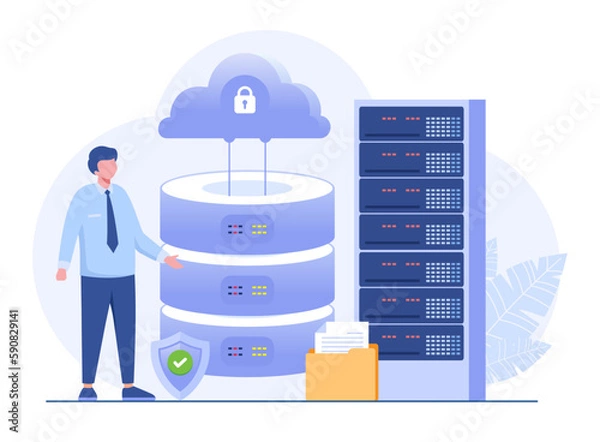 Fototapeta Data server concept. Storage technology, cloud system, database. Template of people scene. Vector illustration with character activities in flat design for website, folder, data center.