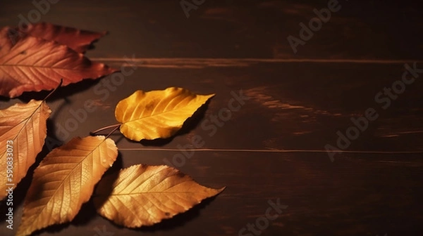 Fototapeta Top view a wooden table with autumn leaves on it. Generated AI