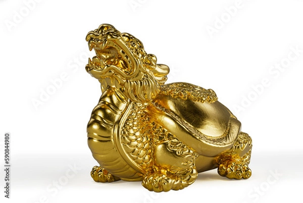 Fototapeta a gold statue of a turtle on a white background，finely detailed features. 3D illustration.