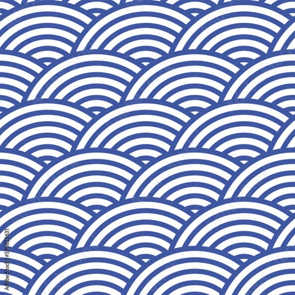Fototapeta Abstract seamless pattern in eastern asian style. Japanese wave blue ornament on white background. Simple geometric texture for AAPI heritage month.