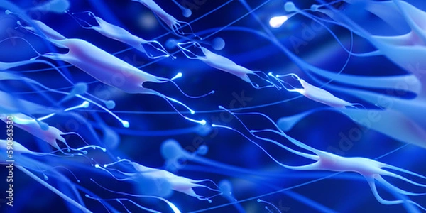 Fototapeta Blue Fibroblasts under the microscope. Connective tissue cells of the body. Scientific visualization. 3d rendering