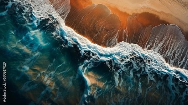 Obraz Top view aerial image from drone of an stunning beautiful sea landscape beach with turquoise water. Beautiful Sand beach with turquoise water. AI Generated