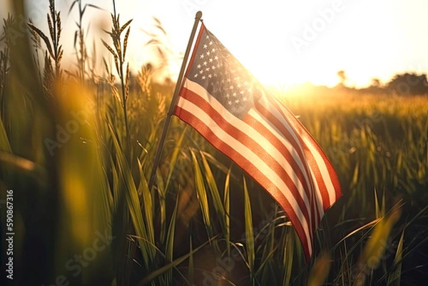 Fototapeta Inspiring American flag in golden light streaming across of wheat field created with Generative AI technology